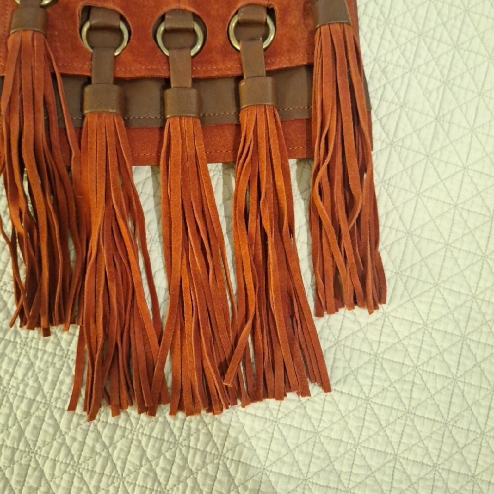 Free People Rust Red Suede Fringe Crossbody Bag w brass rings, leather accents - Picture 2 of 8